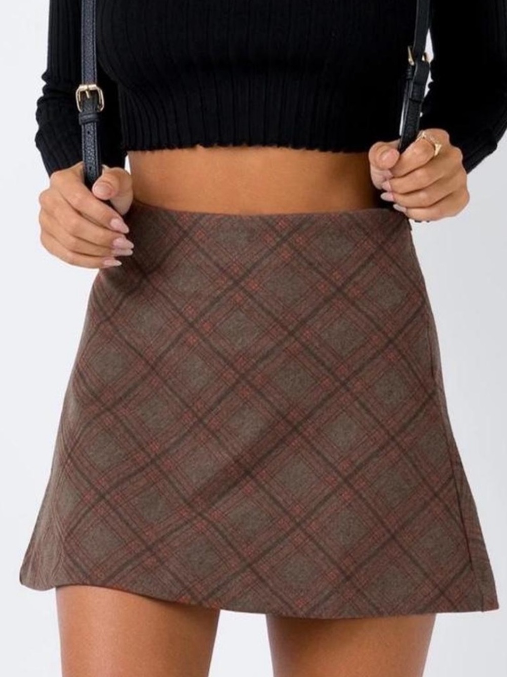 Princess Polly Brown Plaid Mini Skirt with Subtle Red Lines
